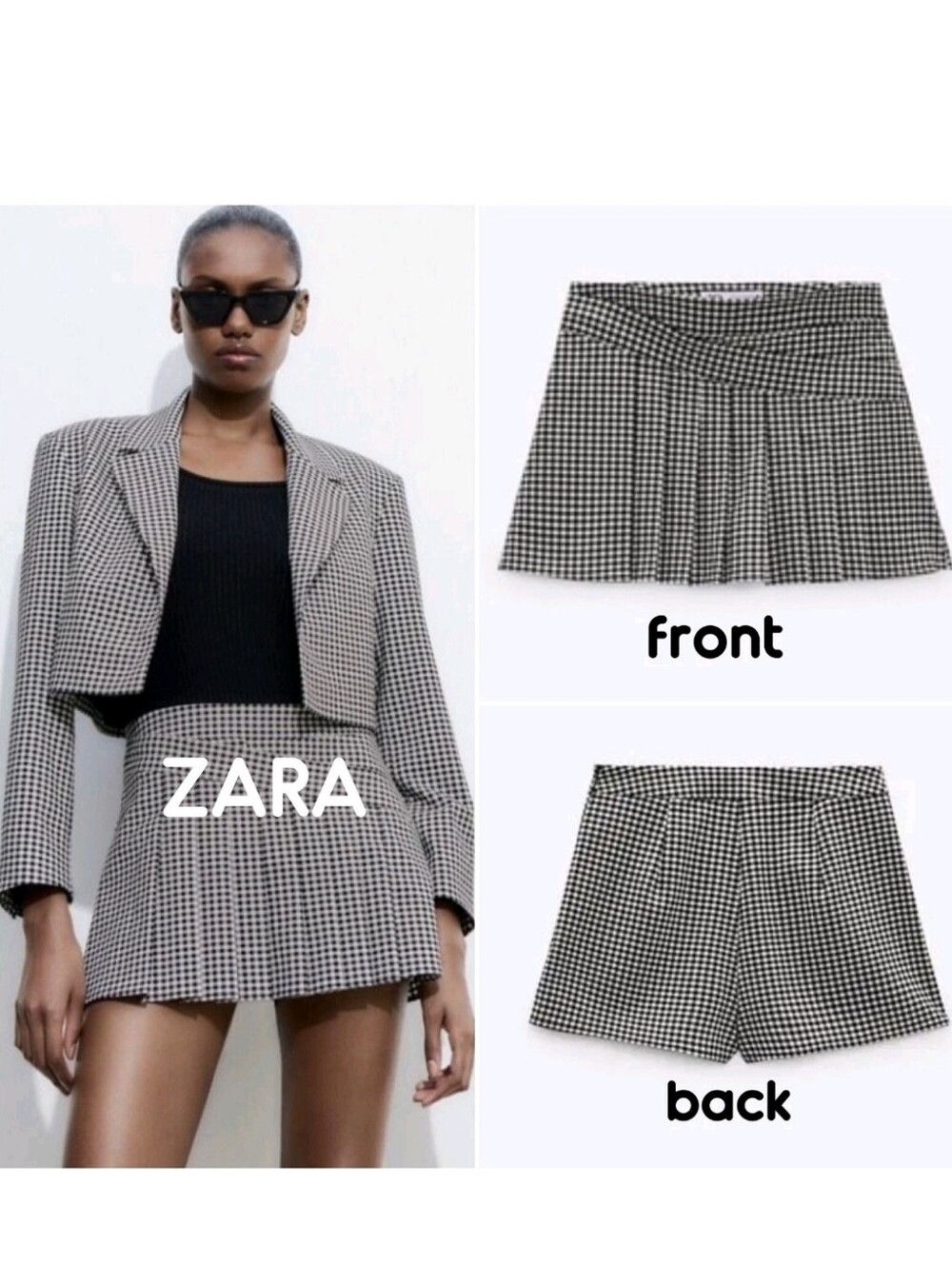 Zara Black & White Gingham Pleated Mini Skort Xs
